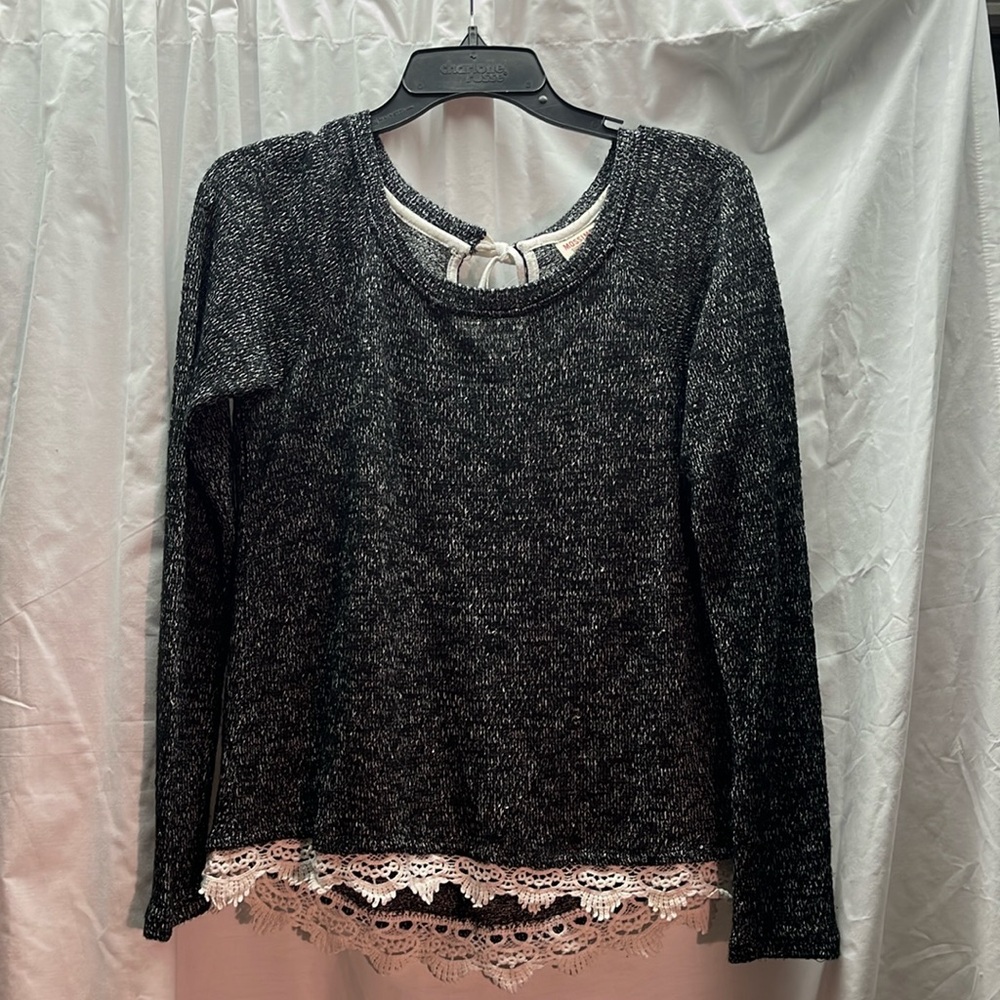 Black sweater with cream threads & back tie